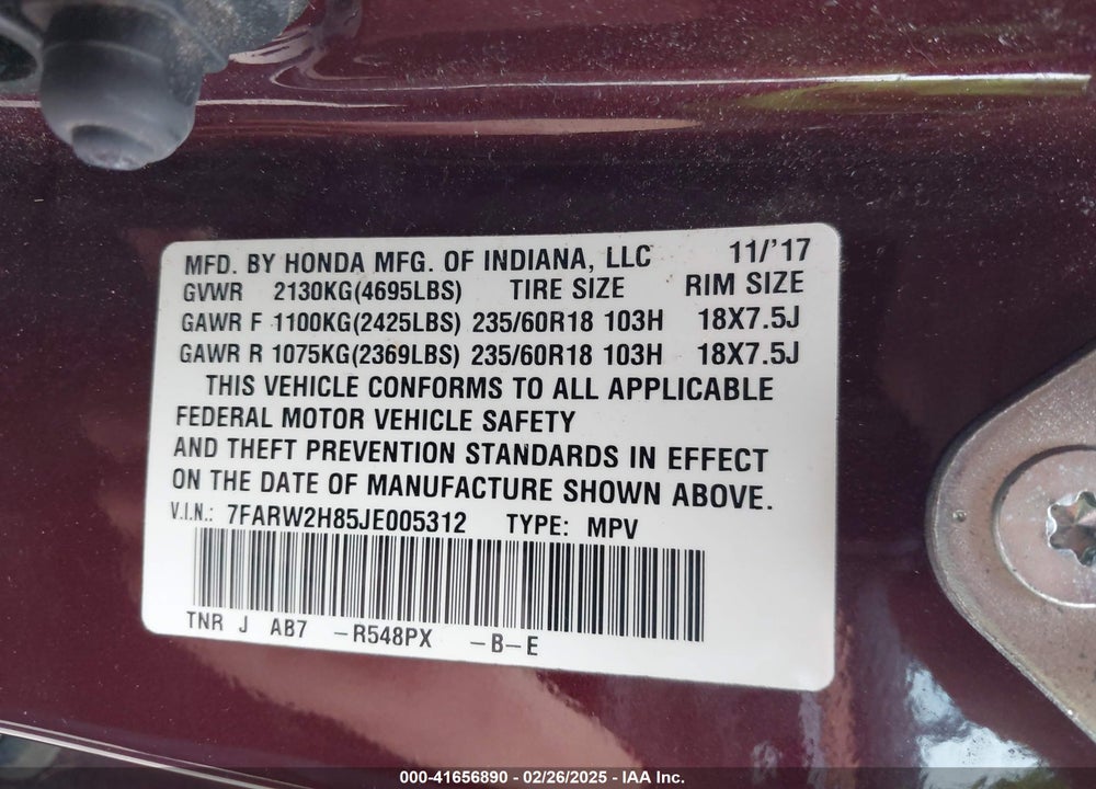 2018 HONDA CR-V EX-L/EX-L NAVI VIN: 7FARW2H85JE005312