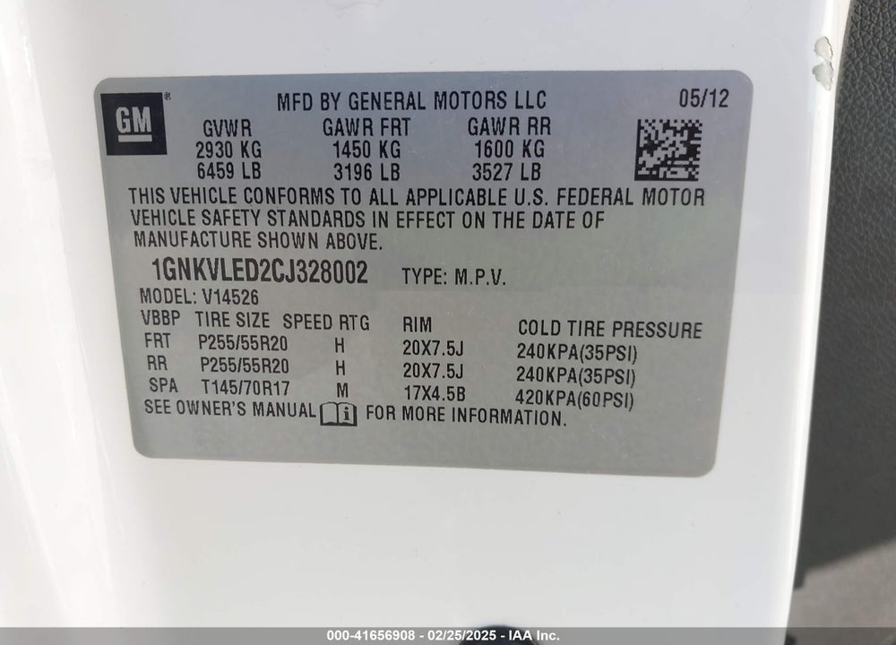 2012 CHEVROLET TRAVERSE LTZ VIN: 1GNKVLED2CJ328002
