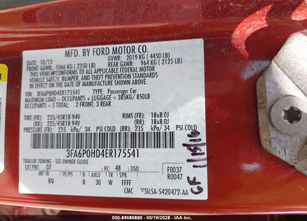 2014 FORD FUSION VIN: 3FA6P0HD4ER175541