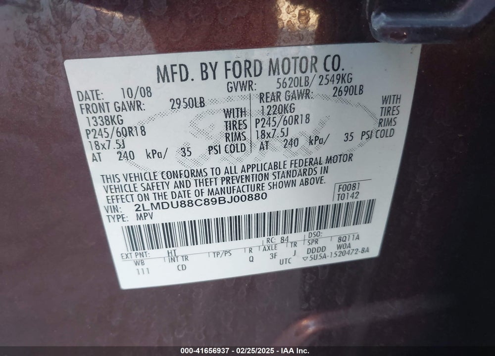 2009 LINCOLN MKX VIN: 2LMDU88C89BJ00880