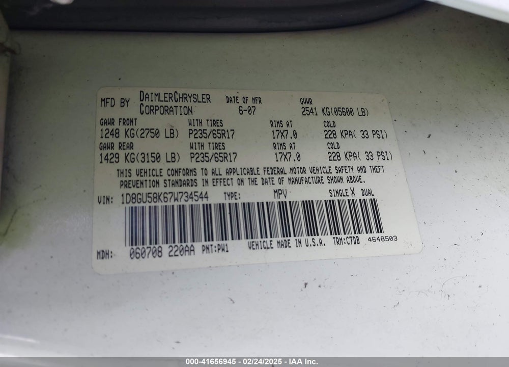 2007 DODGE NITRO SLT/RT VIN: 1D8GU58K67W734544