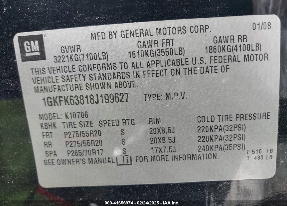 2008 GMC YUKON DENALI VIN: 1GKFK63818J199627