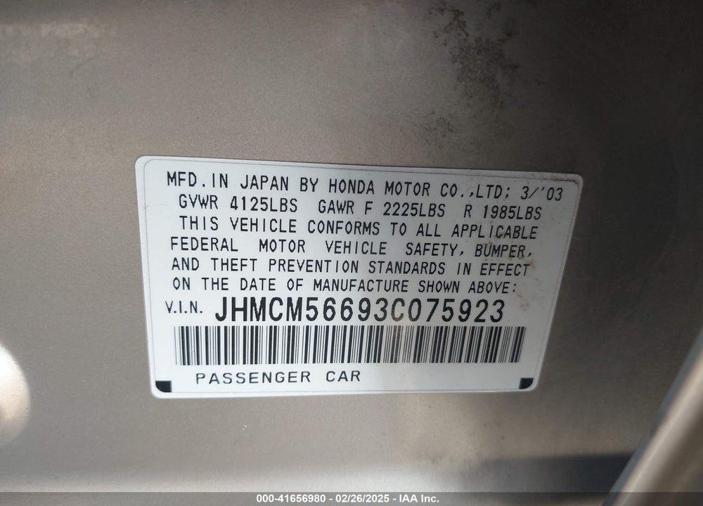 2003 HONDA ACCORD 2.4 EX VIN: JHMCM56693C075923