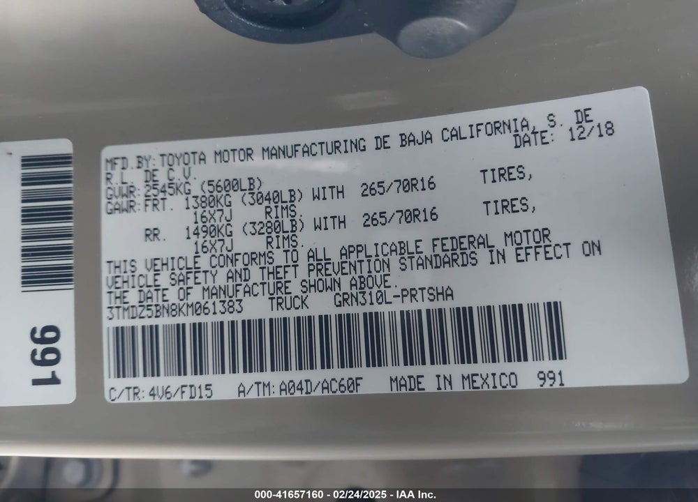 2019 TOYOTA TACOMA VIN: 3TMDZ5BN8KM061383