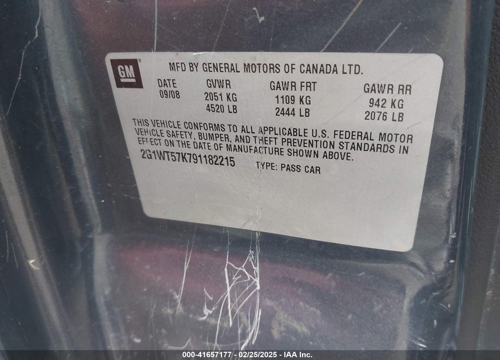 2009 CHEVROLET IMPALA VIN: 2G1WT57K791182215