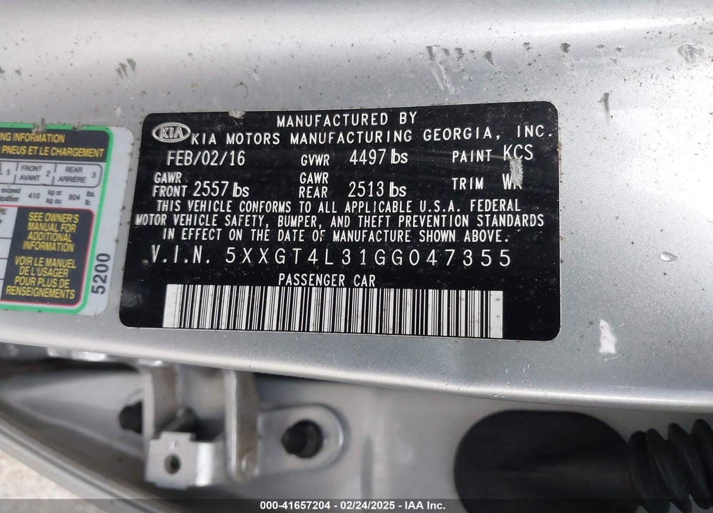 2016 KIA OPTIMA LX VIN: 5XXGT4L31GG047355