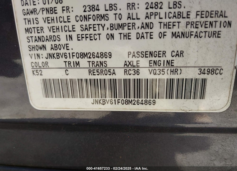 2008 INFINITI G35X VIN: JNKBV61F08M264869