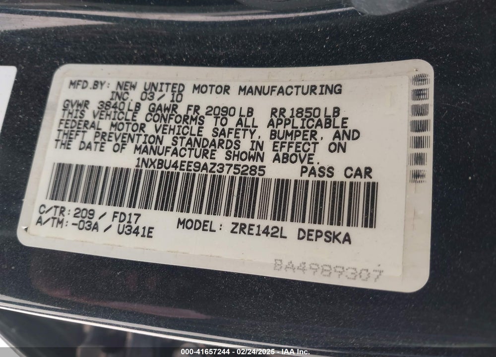 2010 TOYOTA COROLLA VIN: 1NXBU4EE9AZ375285