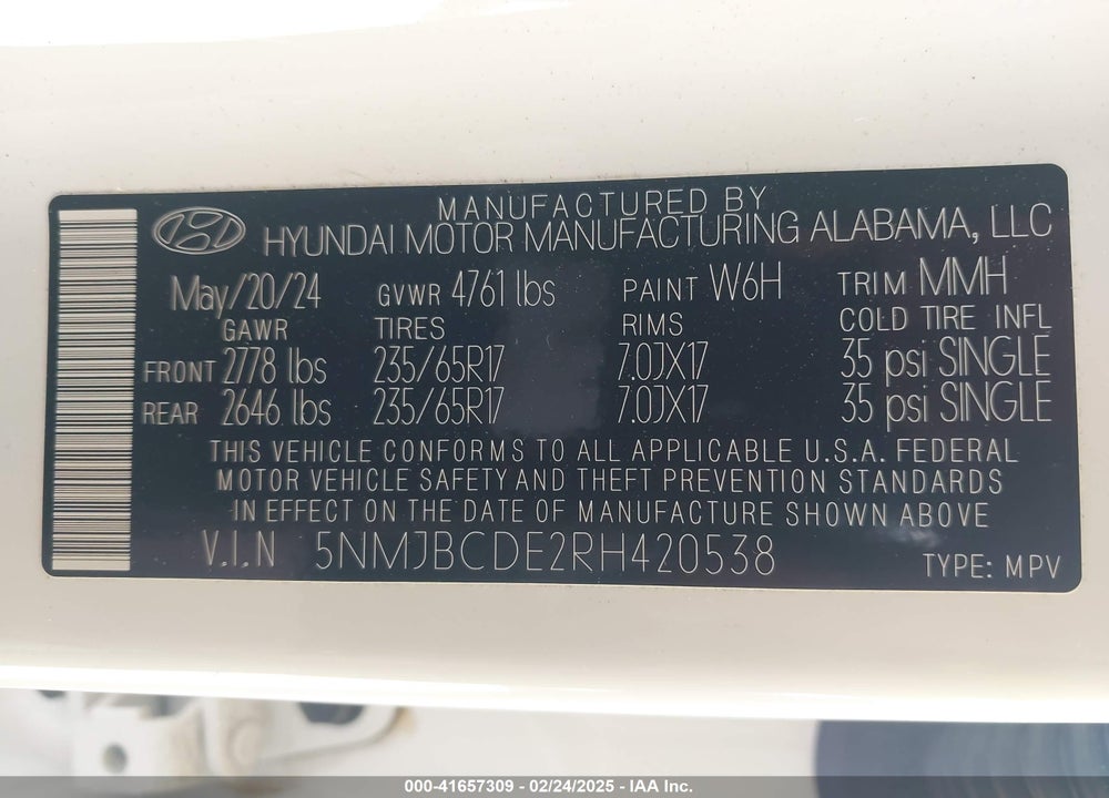 2024 HYUNDAI TUCSON SEL VIN: 5NMJBCDE2RH420538