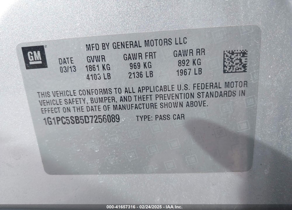 2013 CHEVROLET CRUZE VIN: 1G1PC5SB5D7256089