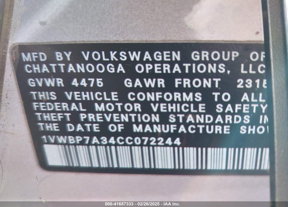 2012 VOLKSWAGEN PASSAT VIN: 1VWBP7A34CC072244