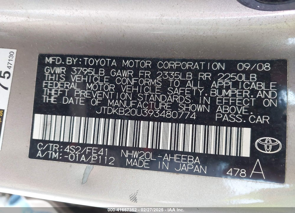 2009 TOYOTA PRIUS VIN: JTDKB20U393480774