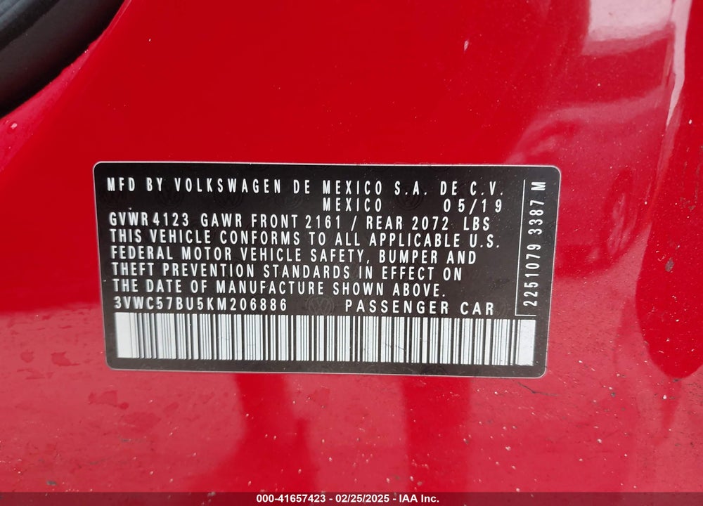 2019 VOLKSWAGEN JETTA VIN: 3VWC57BU5KM206886