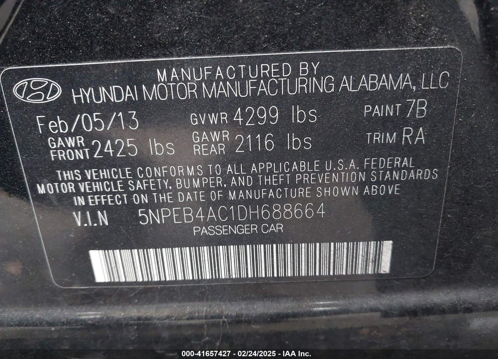 2013 HYUNDAI SONATA VIN: 5NPEB4AC1DH688664
