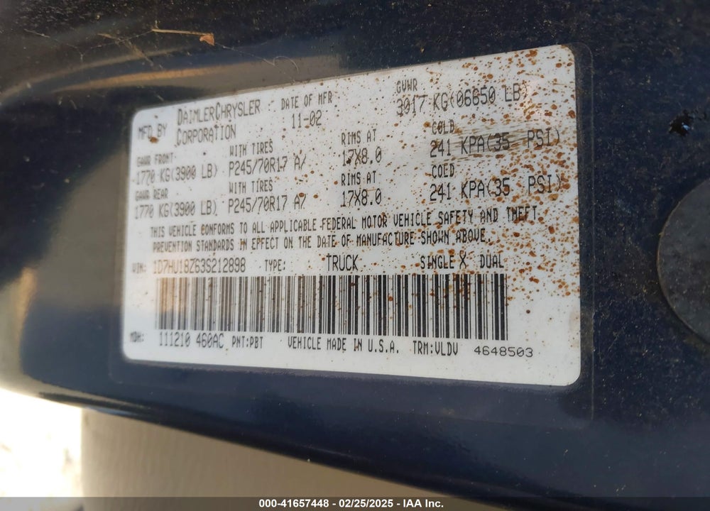 2003 DODGE RAM 1500 SLT/LARAMIE/ST VIN: 1D7HU18Z63S212898