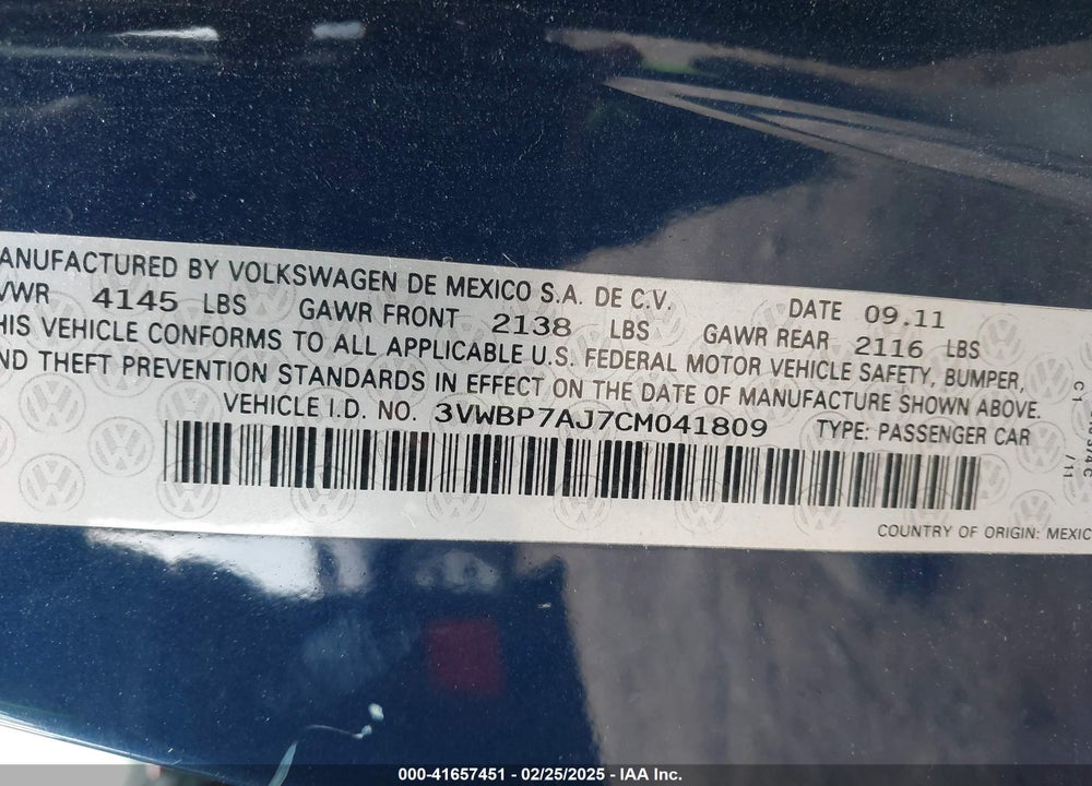2012 VOLKSWAGEN JETTA VIN: 3VWBP7AJ7CM041809