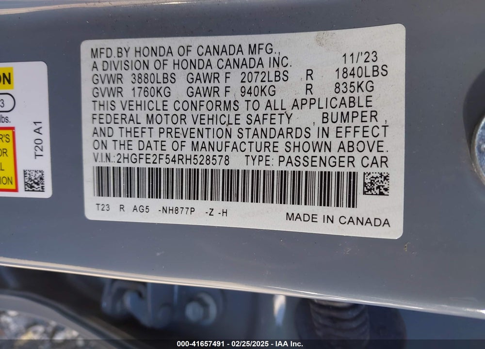 2024 HONDA CIVIC VIN: 2HGFE2F54RH528578