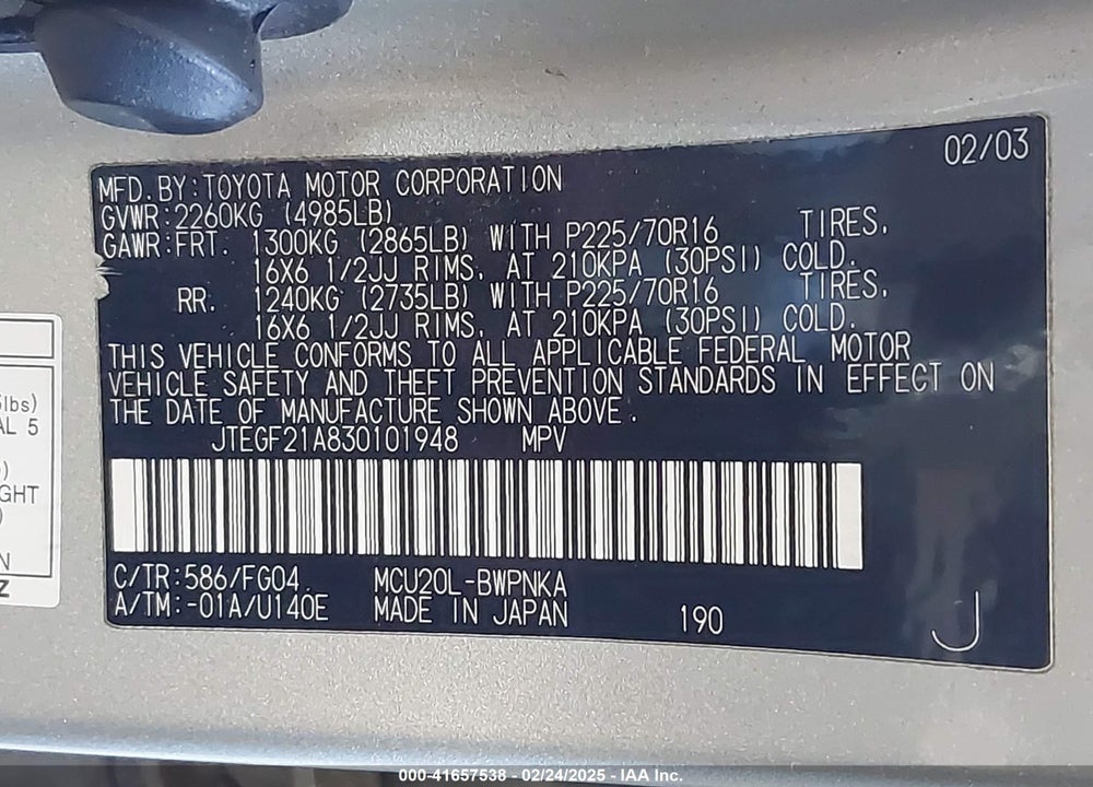 2003 TOYOTA HIGHLANDER V6 VIN: JTEGF21A830101948