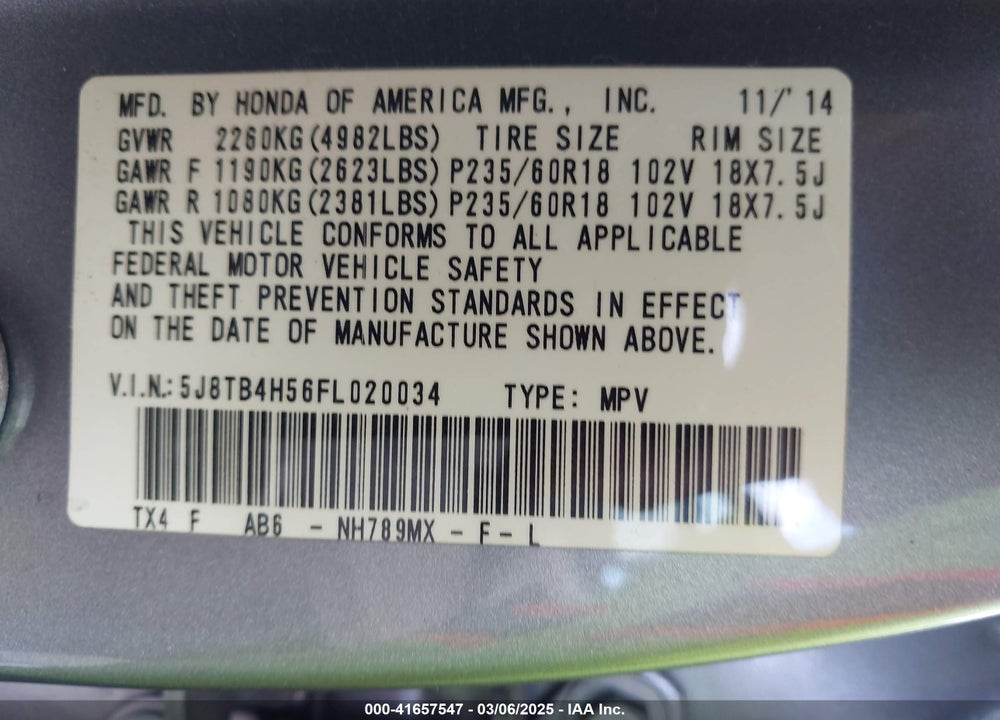 2015 ACURA RDX VIN: 5J8TB4H56FL020034