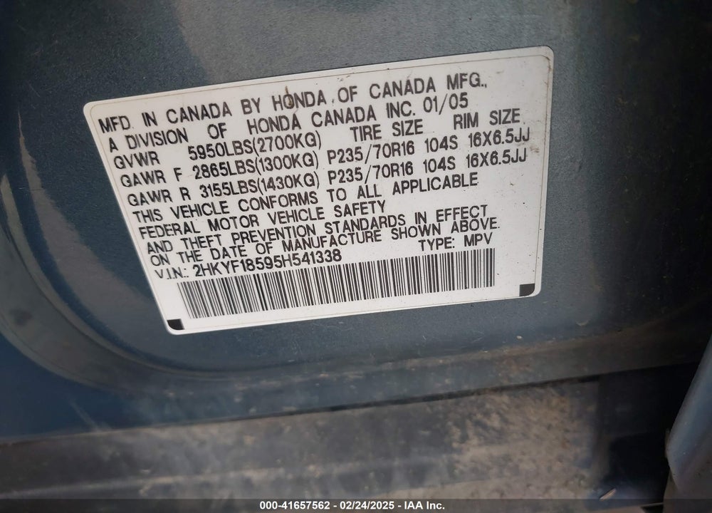 2005 HONDA PILOT EX-L VIN: 2HKYF18595H541338