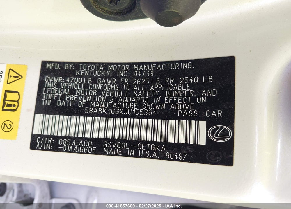 2018 LEXUS ES VIN: 58ABK1GGXJU105364
