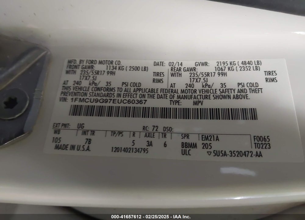 2014 FORD ESCAPE VIN: 1FMCU9G97EUC60367