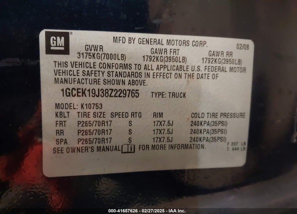 2008 CHEVROLET SILVERADO 1500 LT1 VIN: 1GCEK19J38Z229765