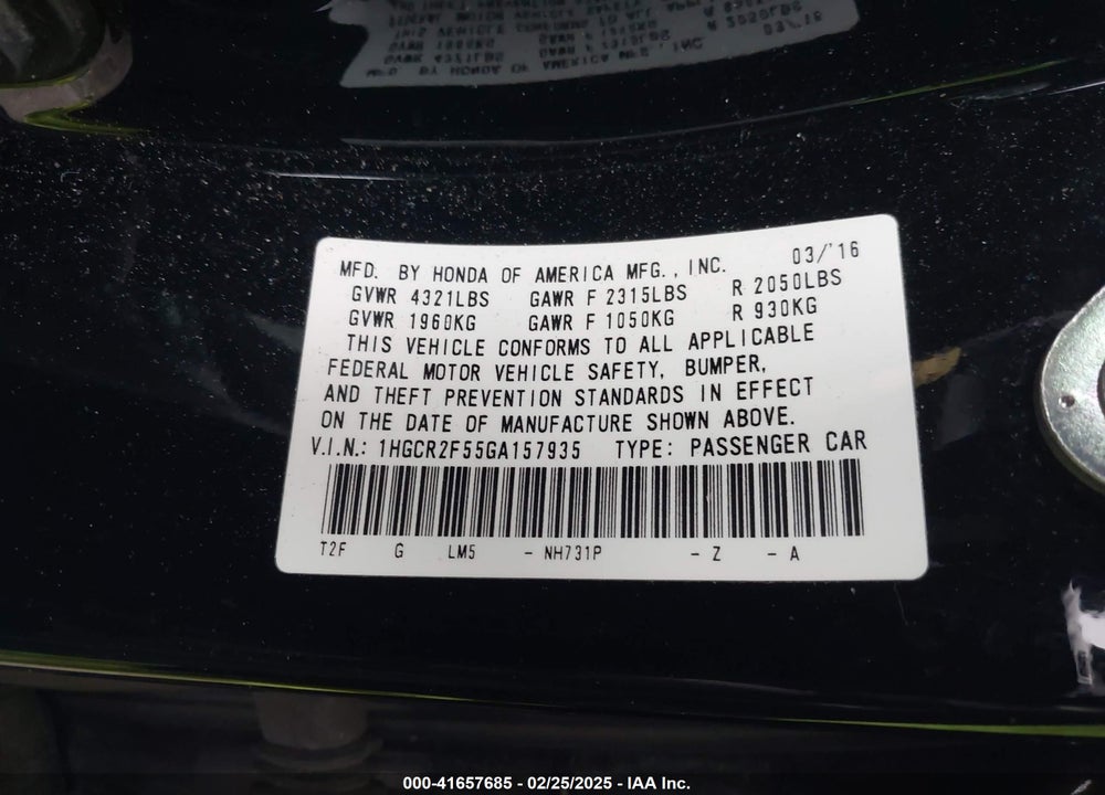 2016 HONDA ACCORD SPORT VIN: 1HGCR2F55GA157935