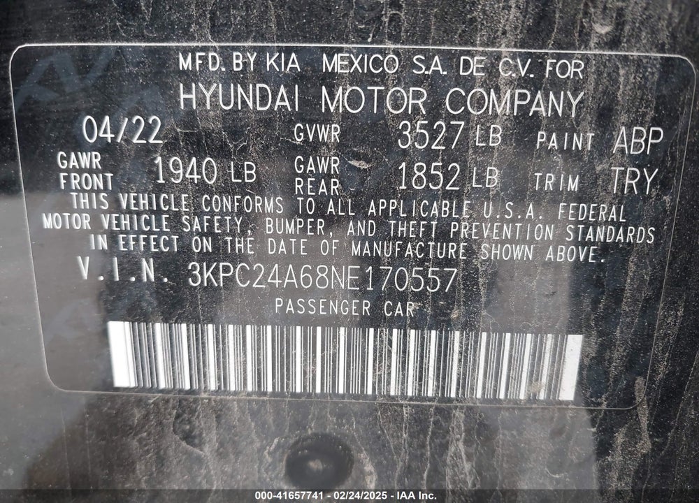 2022 HYUNDAI ACCENT VIN: 3KPC24A68NE170557