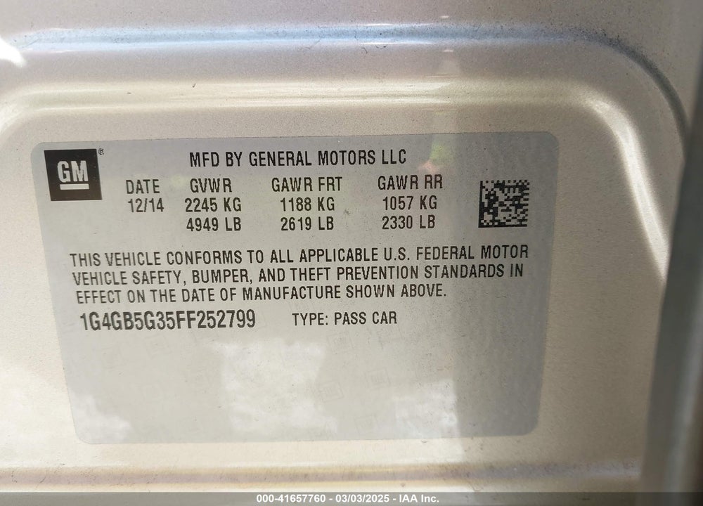 2015 BUICK LACROSSE LEATHER VIN: 1G4GB5G35FF252799