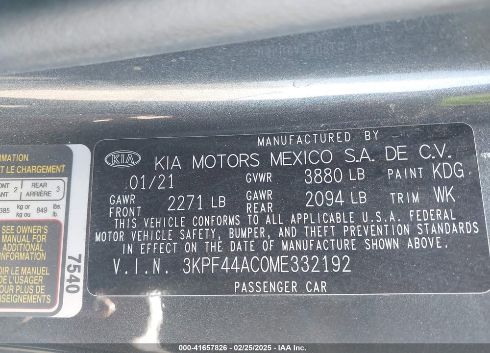 2021 KIA FORTE VIN: 3KPF44AC0ME332192