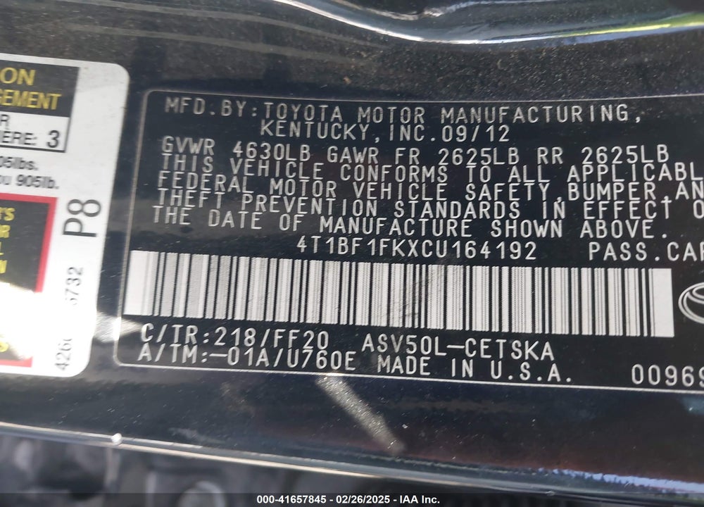 2012 TOYOTA CAMRY VIN: 4T1BF1FKXCU164192