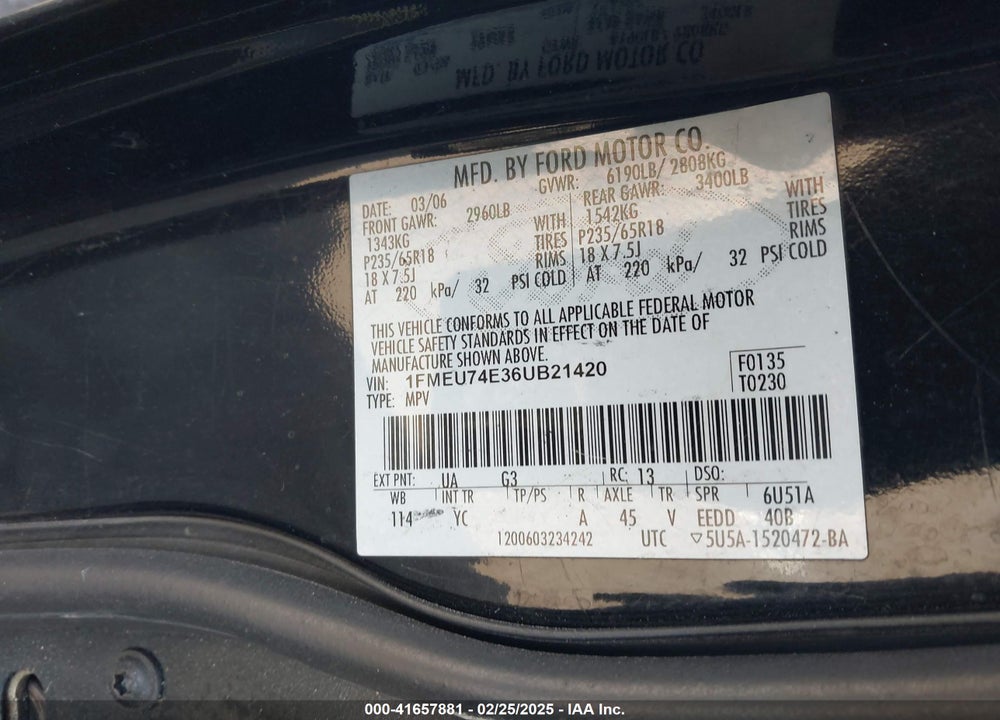2006 FORD EXPLORER VIN: 1FMEU74E36UB21420