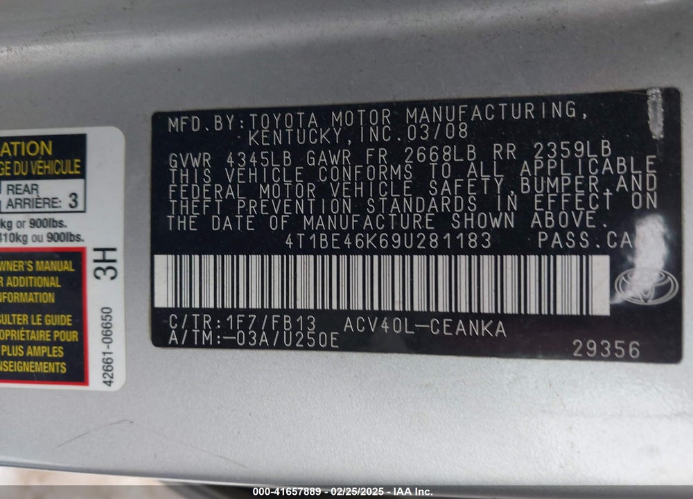 2009 TOYOTA CAMRY VIN: 4T1BE46K69U281183