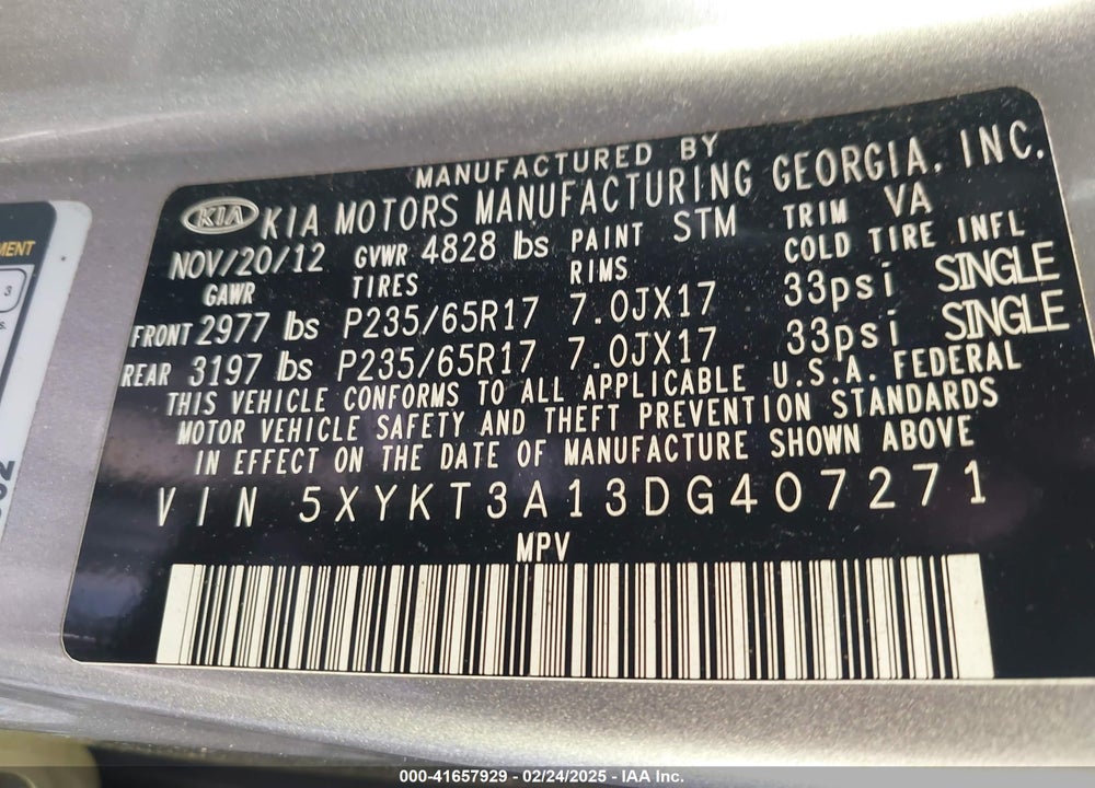 2013 KIA SORENTO LX VIN: 5XYKT3A13DG407271