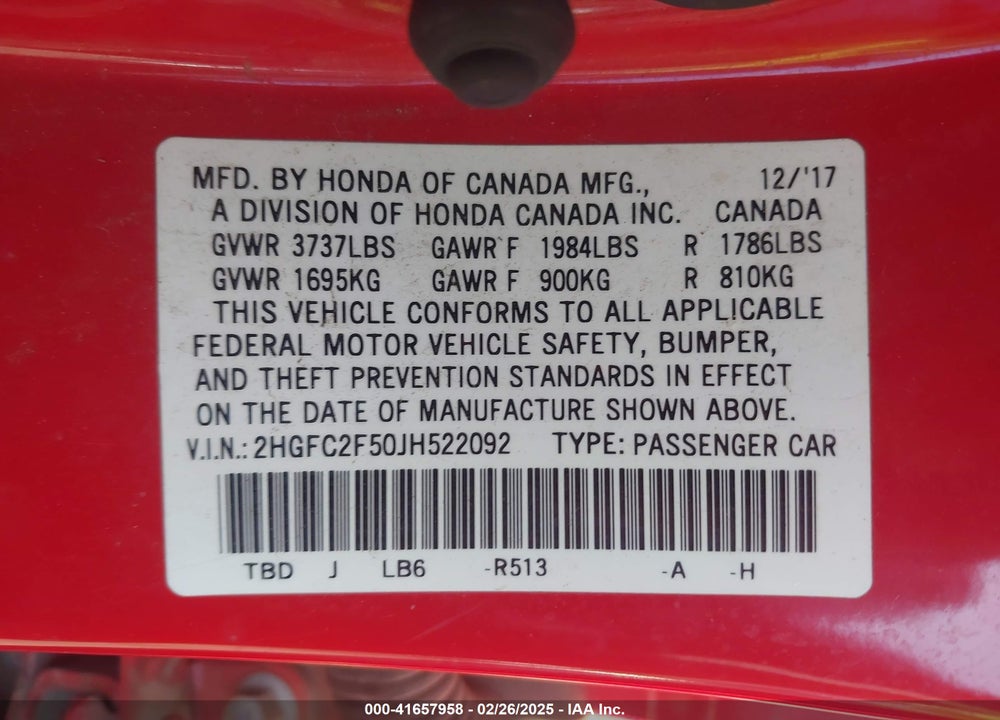 2018 HONDA CIVIC VIN: 2HGFC2F50JH522092