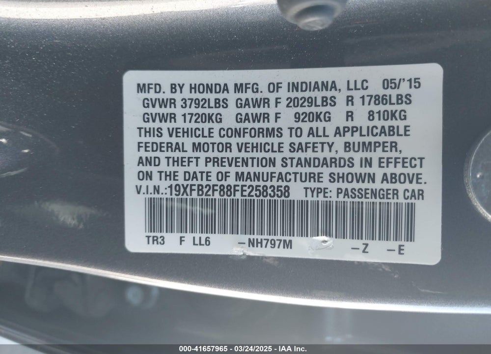 2015 HONDA CIVIC VIN: 19XFB2F88FE258358