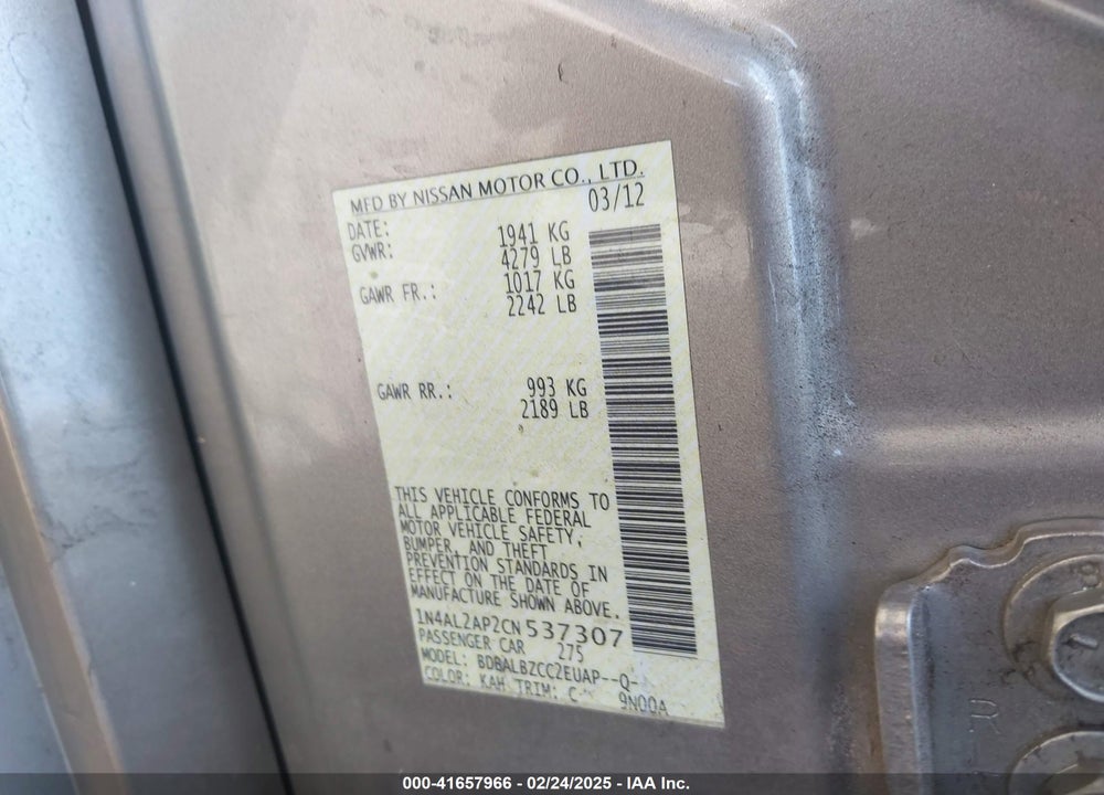 2012 NISSAN ALTIMA VIN: 1N4AL2AP2CN537307