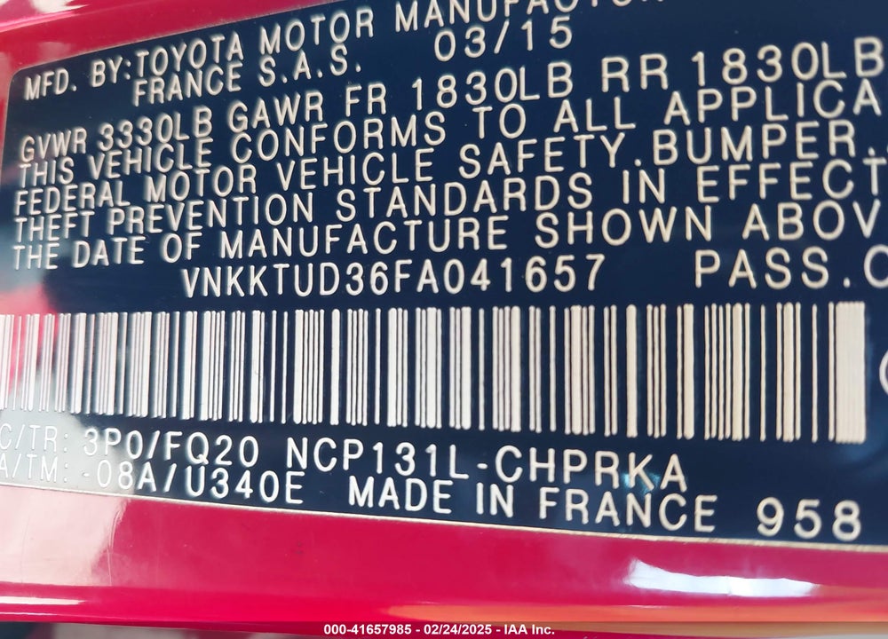 2015 TOYOTA YARIS L VIN: VNKKTUD36FA041657