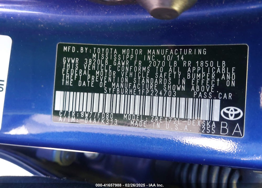 2015 TOYOTA COROLLA VIN: 5YFBURHE1FP224703