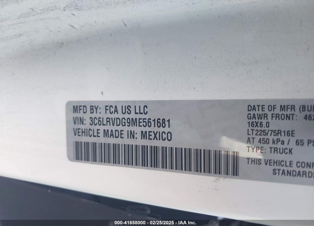 2021 RAM PROMASTER 2500 HIGH ROOF 159 WB VIN: 3C6LRVDG9ME561681