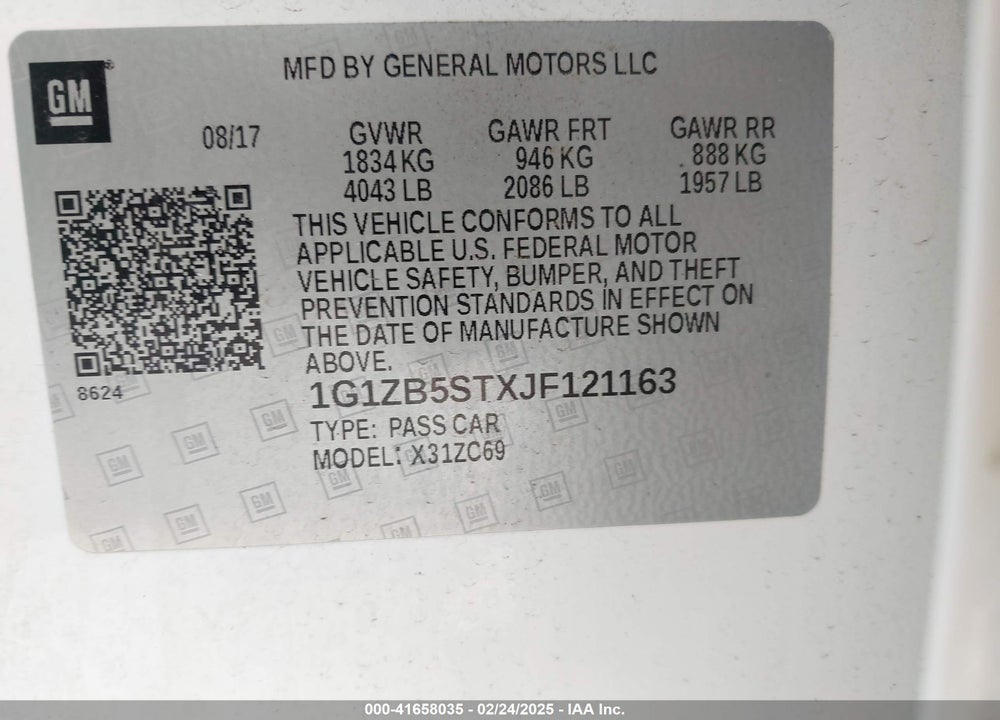 2018 CHEVROLET MALIBU VIN: 1G1ZB5STXJF121163