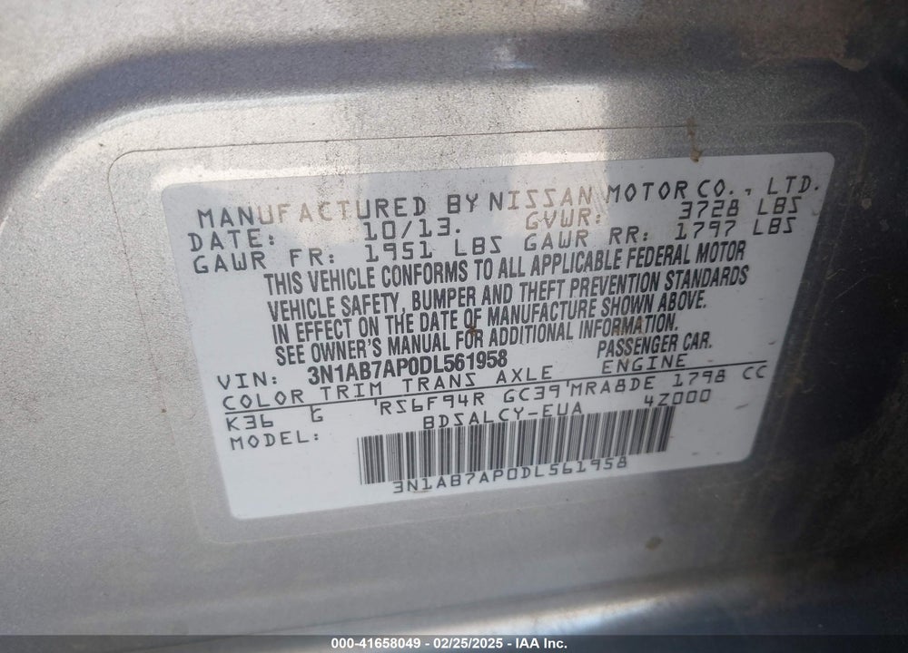 2013 NISSAN SENTRA VIN: 3N1AB7AP0DL561958