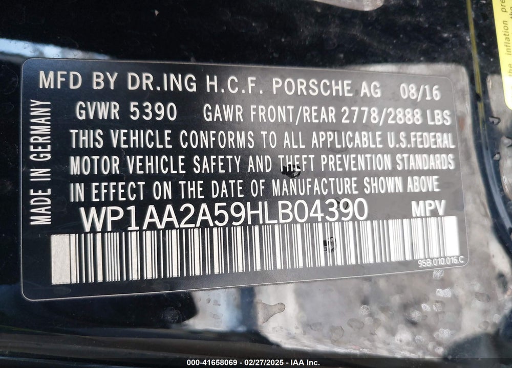 2017 PORSCHE MACAN VIN: WP1AA2A59HLB04390