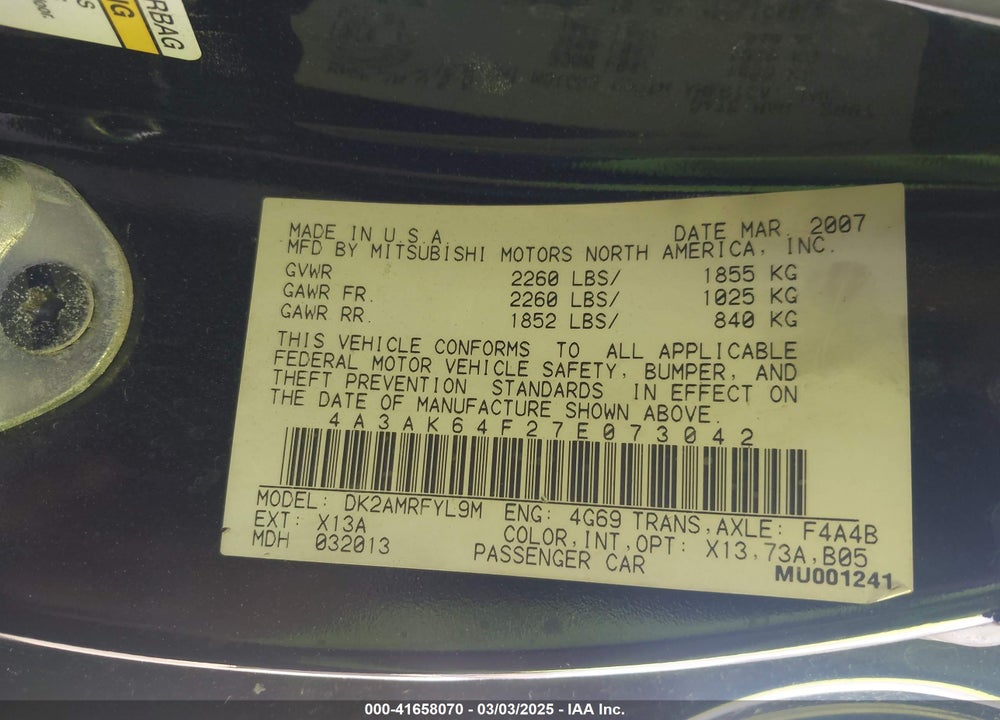 2007 MITSUBISHI ECLIPSE VIN: 4A3AK64F27E073042