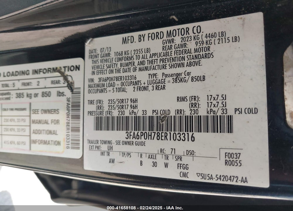 2014 FORD FUSION VIN: 3FA6P0H78ER103316