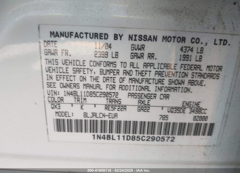 2005 NISSAN ALTIMA 3.5 SE VIN: 1N4BL11D85C290572