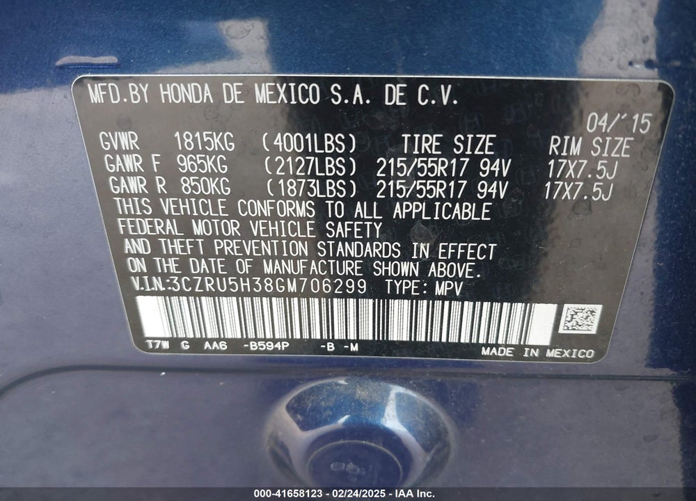 2016 HONDA HR-V LX VIN: 3CZRU5H38GM706299