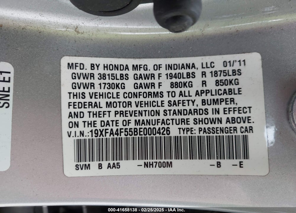 2011 HONDA CIVIC VIN: 19XFA4F55BE000426