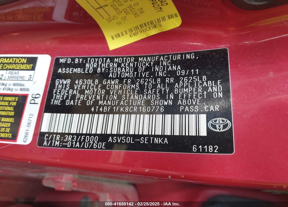 2012 TOYOTA CAMRY VIN: 4T4BF1FK8CR160776